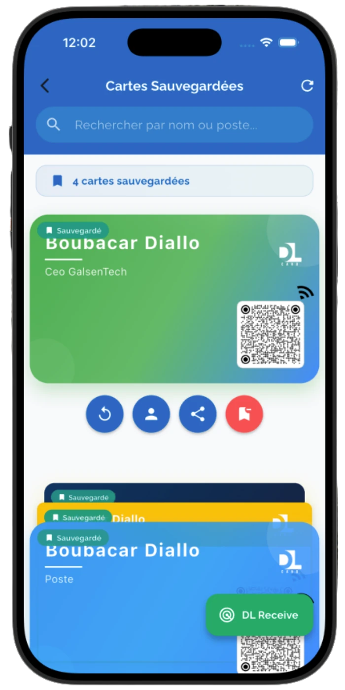Écran « Cartes sauvegardées » de l'application DLCard, avec le bouton DL Receive